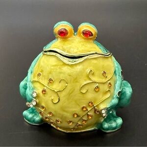 Enameled Green Adorable Puffy Frog Bejeweled Hinged Trinket Box